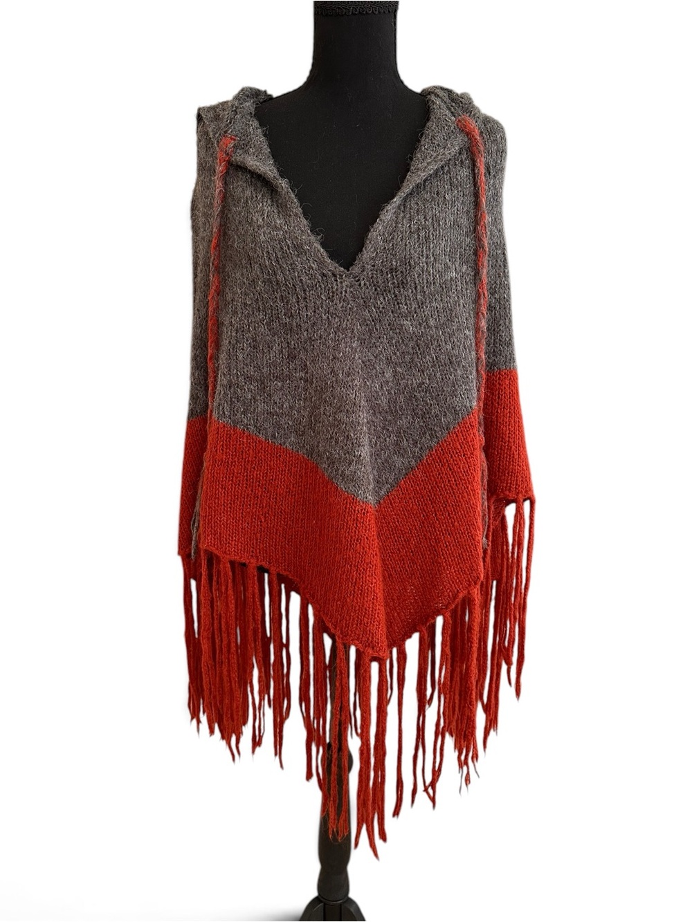 Gray and Red Fringe Hooded Poncho Cape